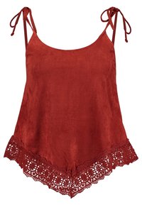 Rode tanktop met verstelbare bindriempjes, van zacht suède-achtig materiaal, en een decoratieve kanten rand aan de zoom. De zoom is gegolfd met bloemmotieven.