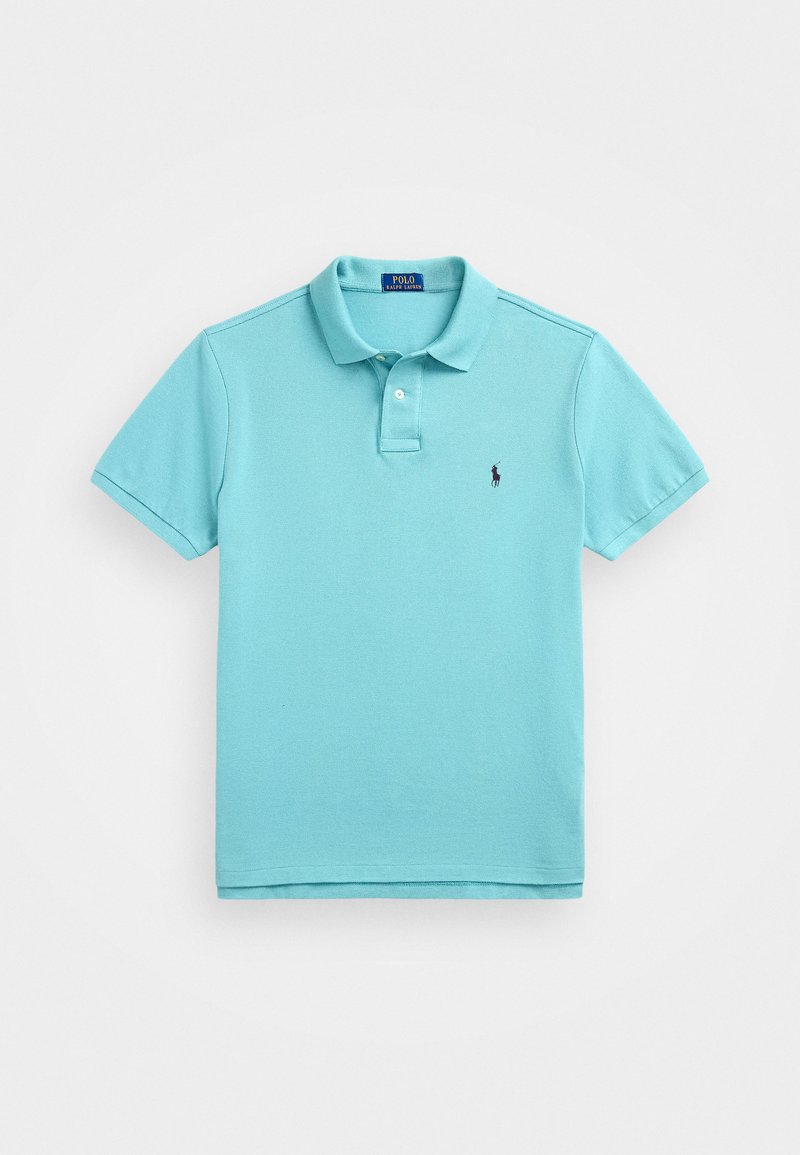 Light blue polo shirt, cotton material, short sleeves, three-button placket, embroidered logo in dark blue on the left chest, flat-knit collar.