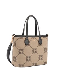 Beżowa i czarna torebka z geometrycznym wzorem kwiatowym, czarnymi uchwytami, odpinanym paskiem na ramię oraz logo "JOOP!" z przodu.