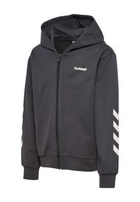 Haut-de-vêtement à zip gris avec capuche, présentant un logo blanc et des motifs en chevron sur les manches. Fabriqué en tissu lisse, avec des poignets et un ourlet côtelés.