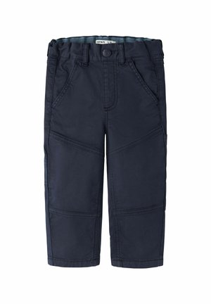 Pantalon bleu foncé pour tout-petit avec ceinture élastique, poches avant, fermeture par bouton et coutures renforcées aux genoux et aux jambes.
