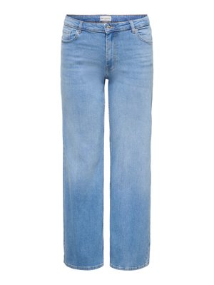 Lyseblå straight-leg denimjeans med knapp foran og lommer, vist på hvit bakgrunn.