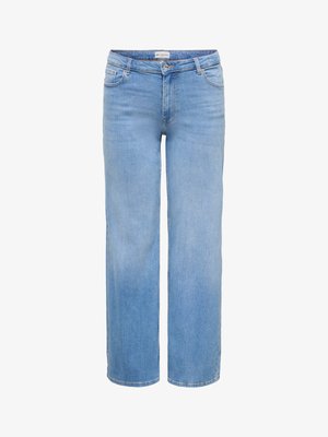 Lyseblå straight-leg denimjeans med knapp foran og lommer, vist på hvit bakgrunn.