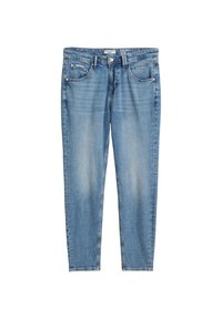 Jasnoniebieskie dżinsy z prostymi nogawkami. Posiadają pięć kieszeni i wyblakłe wykończenie. Zamek i guzik do zapinania.