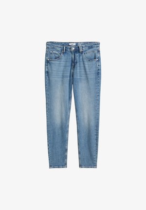 Hellblaue Denim-Jeans mit geradem Bein. Verfügt über fünf Taschen und eine verblasste Optik. Hat einen Knopf- und Reißverschluss.