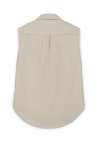 Maglietta senza maniche beige con colletto classico, dettagli plissettati sul retro e orlo arrotondato. Il tessuto appare liscio e leggero.