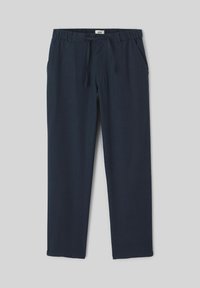 Pantalon droit bleu marine avec taille élastique, cordon de serrage et poches latérales sur fond uni.