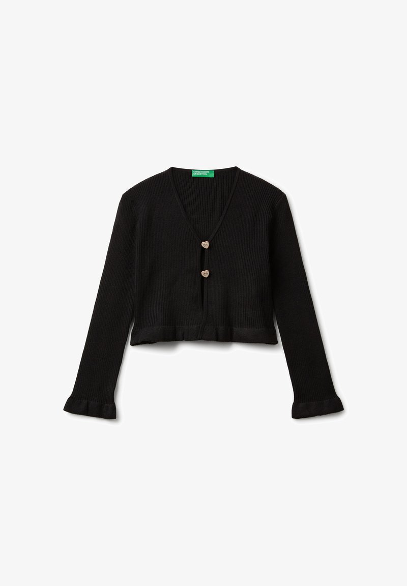 Černý zkrácený kardigan s ribkovanou texturou, výstřihem do V, dvěma knoflíky vpředu a volánovými okraji na rukávech a lemu.