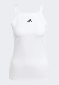 Top sportivo bianco con spalline sottili, realizzato in tessuto morbido, con il logo Adidas nero sul petto. Design semplice, forma aderente.
