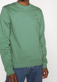 Sudadera verde hecha de tejido suave, con cuello redondo acanalado, mangas largas y un pequeño logotipo en el pecho. Superficie texturizada.