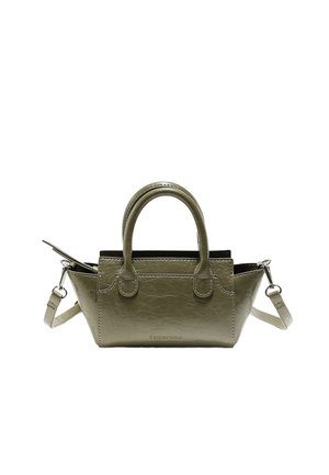Kleine olivgrüne Ledertasche mit zwei Henkeln, abnehmbarem Schulterriemen und gesteppten Details.