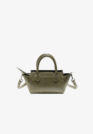 Kleine olivgrüne Ledertasche mit zwei Henkeln, abnehmbarem Schulterriemen und gesteppten Details.