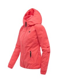 Coral pink hooded jacket with front zipper, zippered side pockets, elastic cuffs, and fitted waist, shown on a white background.