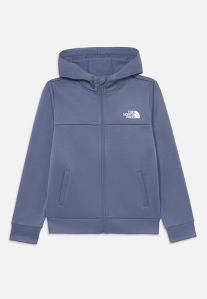 Gray zip-up hooded sweatshirt made of soft material, featuring two side pockets and a small white logo on the left chest area.