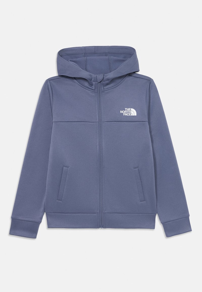 Felpa grigia con zip e cappuccio realizzata in materiale morbido, dotata di due tasche laterali e un piccolo logo bianco sull'area sinistra del petto.