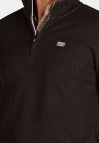 Donkerbruine fleece pullover met ritssluiting en hoge kraag, voorzien van een klein logo-opdruk op de borst en een zachte textuur.