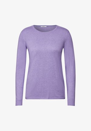 Chemise lavande à manches longues en tissu tricoté doux, avec un col rond et des poignets côtelés. Design minimaliste, sans motifs ni accents visibles.