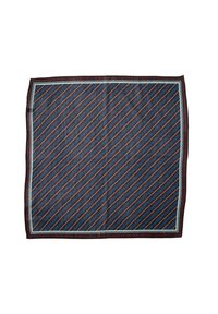 Sjal i silke med en mørkeblå baggrund og diagonale striber i lyseblå og brun, kantet med en smal lyseblå kant.