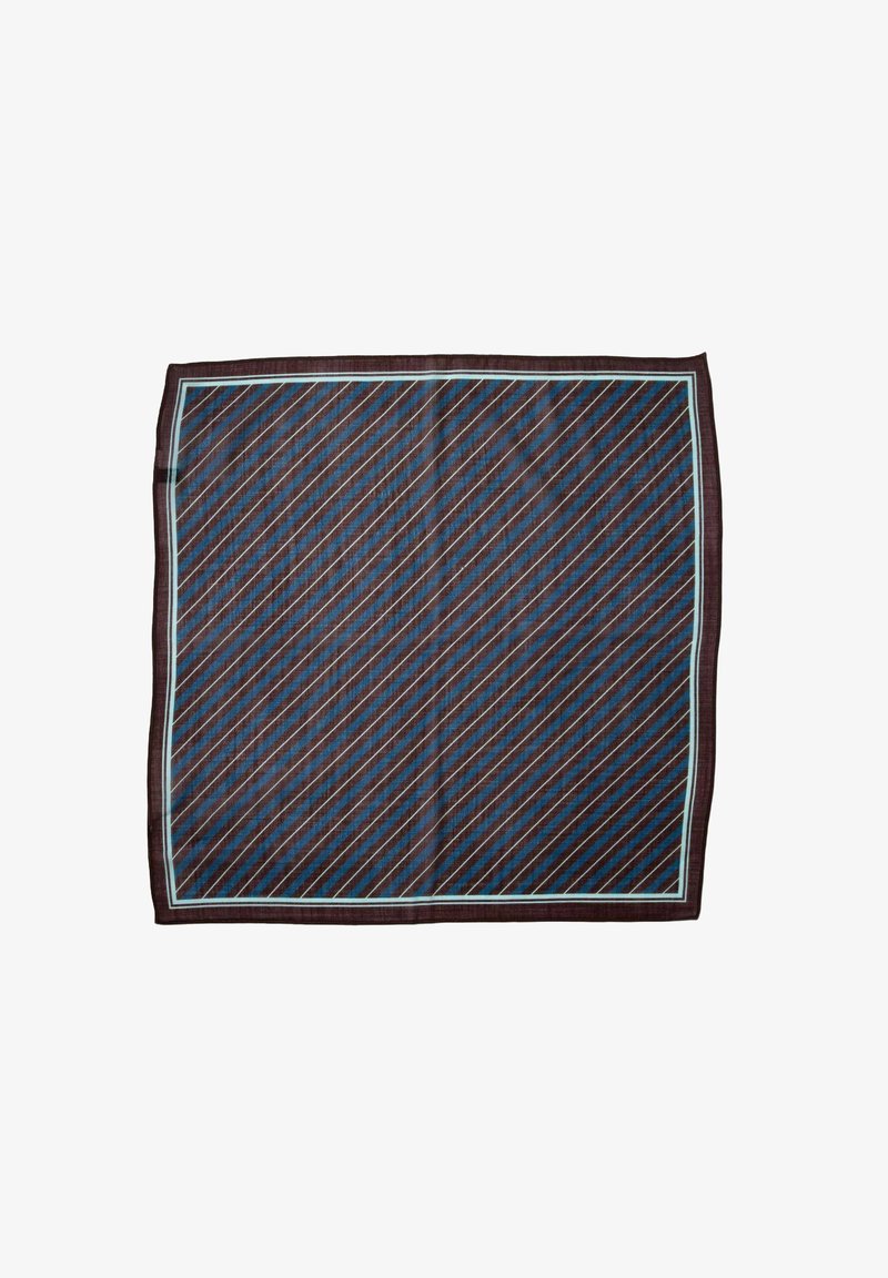 Sjal i silke med en mørkeblå baggrund og diagonale striber i lyseblå og brun, kantet med en smal lyseblå kant.