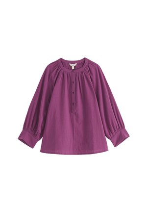 Paarse blouse met lange mouwen, ronde halslijn, knoopsluiting aan de voorkant, geplooide details en wijd uitlopende mouwen. Gemaakt van lichtgewicht stof.