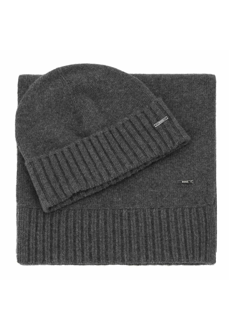 Gray knitted beanie and scarf set, featuring ribbed texture and slim metallic accents, made from soft, warm material.