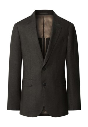 Donkergrijze herenblazer met inkepingsknopen, twee knopen aan de voorkant, klepzakken en een gladde binnenvoering, weergegeven op een witte achtergrond.