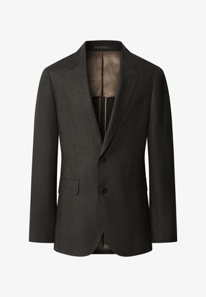 Donkergrijze herenblazer met inkepingsknopen, twee knopen aan de voorkant, klepzakken en een gladde binnenvoering, weergegeven op een witte achtergrond.