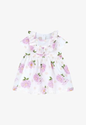 Abito bianco con motivi floreali rosa e pois beige. Collo volant e maniche corte con vita arricciata. Tessuto di cotone morbido.