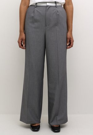 Pantalons gris à larges jambes avec une texture lisse, des plis et une taille haute. Portés avec une chemise blanche et des chaussures noires.