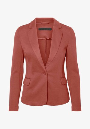 Roodbruine damesblazer met inkeping revers, enkele knoopsluiting, klepzakken en lange mouwen.