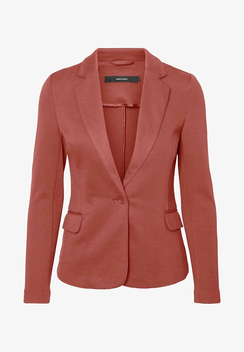 Blazer pour femme rouge brique avec revers crantés, fermeture à un bouton, poches à rabat et manches longues.