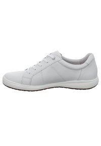 Sneaker bianco in pelle con profilo basso, design con lacci, punta arrotondata e accenti laterali testurizzati. Suola in gomma marrone per una buona trazione.