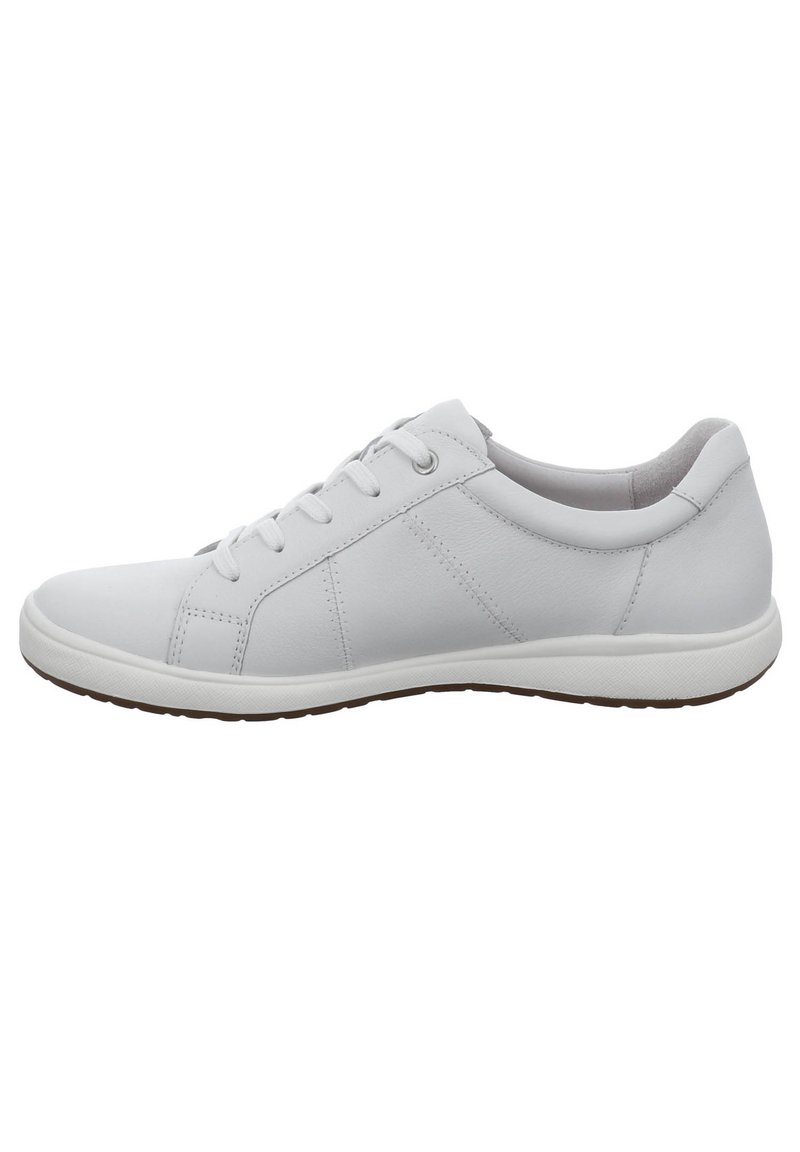Sneaker bianco in pelle con profilo basso, design con lacci, punta arrotondata e accenti laterali testurizzati. Suola in gomma marrone per una buona trazione.