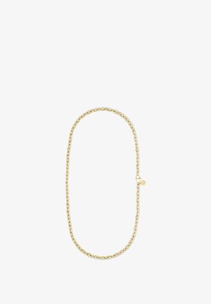 Gold metal chain necklace with an oval shape, featuring interlinked flat links, a lobster clasp, and a small tag near the clasp.
