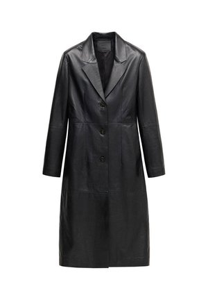 Long manteau en cuir noir avec col à revers et trois boutons sur le devant, conçu pour femmes, présenté sur fond blanc uni.