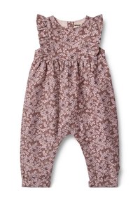 Combinaison sans manches pour bébé avec un motif floral rose et marron, des détails à volants sur les épaules et des boutons-pression le long de l'entrejambe et à l'avant.