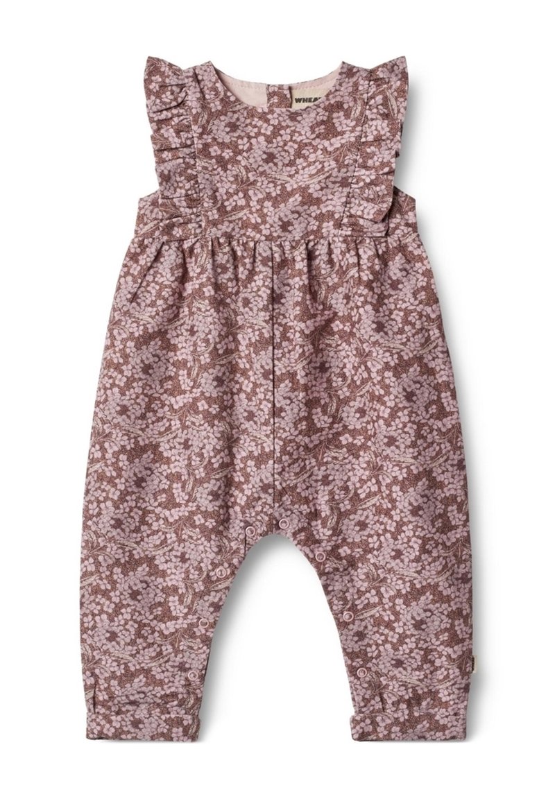 Combinaison sans manches pour bébé avec un motif floral rose et marron, des détails à volants sur les épaules et des boutons-pression le long de l'entrejambe et à l'avant.