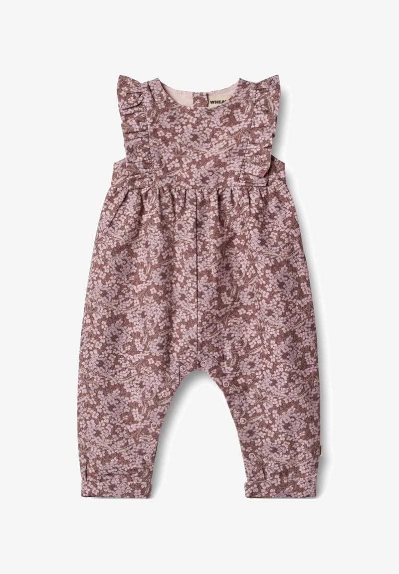 Combinaison sans manches pour bébé avec un motif floral rose et marron, des détails à volants sur les épaules et des boutons-pression le long de l'entrejambe et à l'avant.