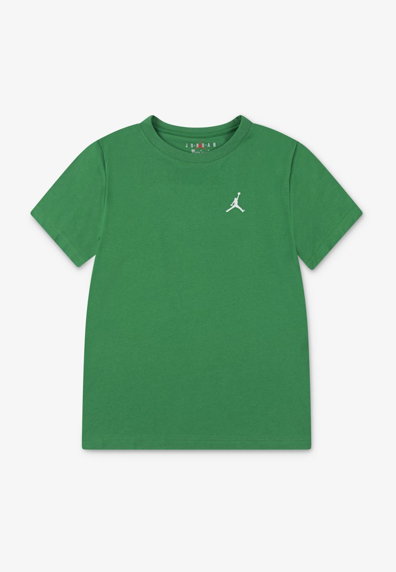 Zielony t-shirt z krótkim rękawem wykonany z bawełny, z okrągłym dekoltem i białym logo Jumpman na lewej piersi. Gładka faktura i luźny krój.