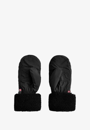 Czarne rękawiczki z pikowaną zewnętrzną warstwą i miękkim, teksturowanym czarnym futrem przy mankiecie. Posiadają kieszeń na kciuk oraz małą metkę z logo.