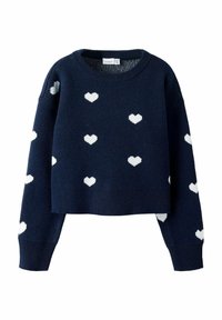 Pull cropped marine en tissu tricoté, avec des motifs de cœurs blancs sur l'ensemble, doté d'un col rond côtelé et de poignets côtelés.