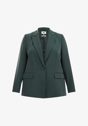 Tmavě zelený blejzr se střihovou konstrukcí, s jedním knoflíkovým zapínáním, klopovými límci a dvěma předními kapsami. Hladká textilie.