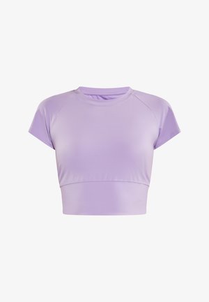 Levandų spalvos trumpas viršus, pagamintas iš lygaus, tampraus audinio; turi trumpas rankoves ir apvalų iškirpimą, minimalistinio dizaino, be matomų logotipų.