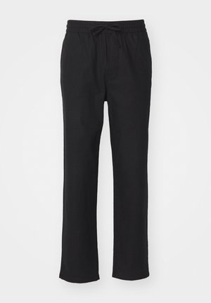 Pantalones negros de pierna recta, hechos de una tela suave, con cinturilla elástica y cordón ajustable. Sin bolsillos ni patrones visibles.