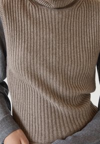 Ribbed turtleneck-neule vaaleanruskeana, jossa on harmaat pitkät hihat. Pehmeä rakenne, istuva muotoilu ja pystysuorat raidat kauttaaltaan.