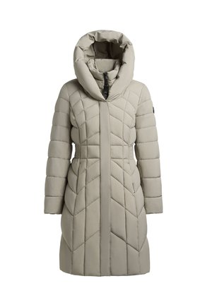 Light gray padded knee-length winter coat with a high collar, hood, and diagonal quilted stitching, front zipper, and side pockets.