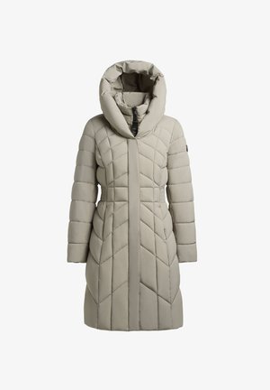 Jasnoszara, ocieplana płaszczyk do kolan na zimę z wysokim kołnierzem, kapturem, ukośnym pikowaniem, przednim zamkiem błyskawicznym i bocznymi kieszeniami.