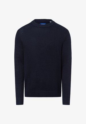 Navy blue knitted sweater with a round neckline, textured pattern, and ribbed cuffs and hem. Made from a soft fabric suitable for layering.