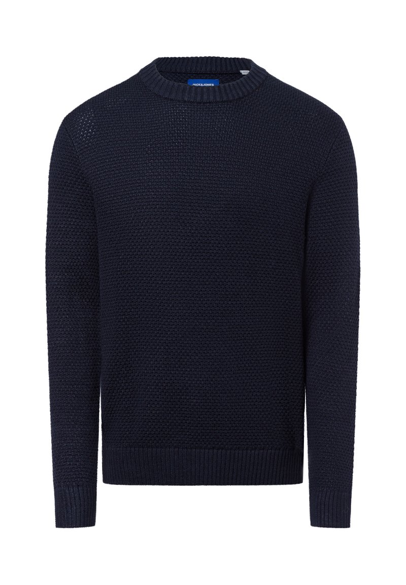 Marineblauer gestrickter Pullover mit Rundhalsausschnitt, strukturiertem Muster und gerippten Bündchen und Saum. Hergestellt aus einem weichen Material, das sich gut zum Lagen-Look eignet.
