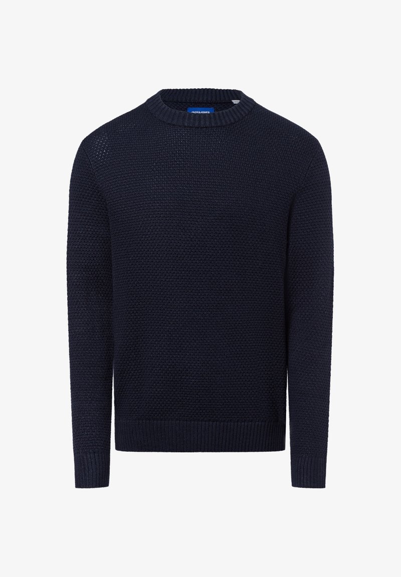 Marineblauer gestrickter Pullover mit Rundhalsausschnitt, strukturiertem Muster und gerippten Bündchen und Saum. Hergestellt aus einem weichen Material, das sich gut zum Lagen-Look eignet.